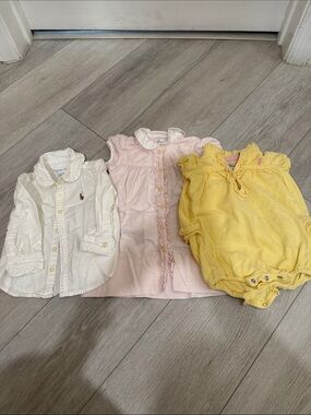 Baby Clothing Set - White Shirt, Pink Dress, Yellow Romper